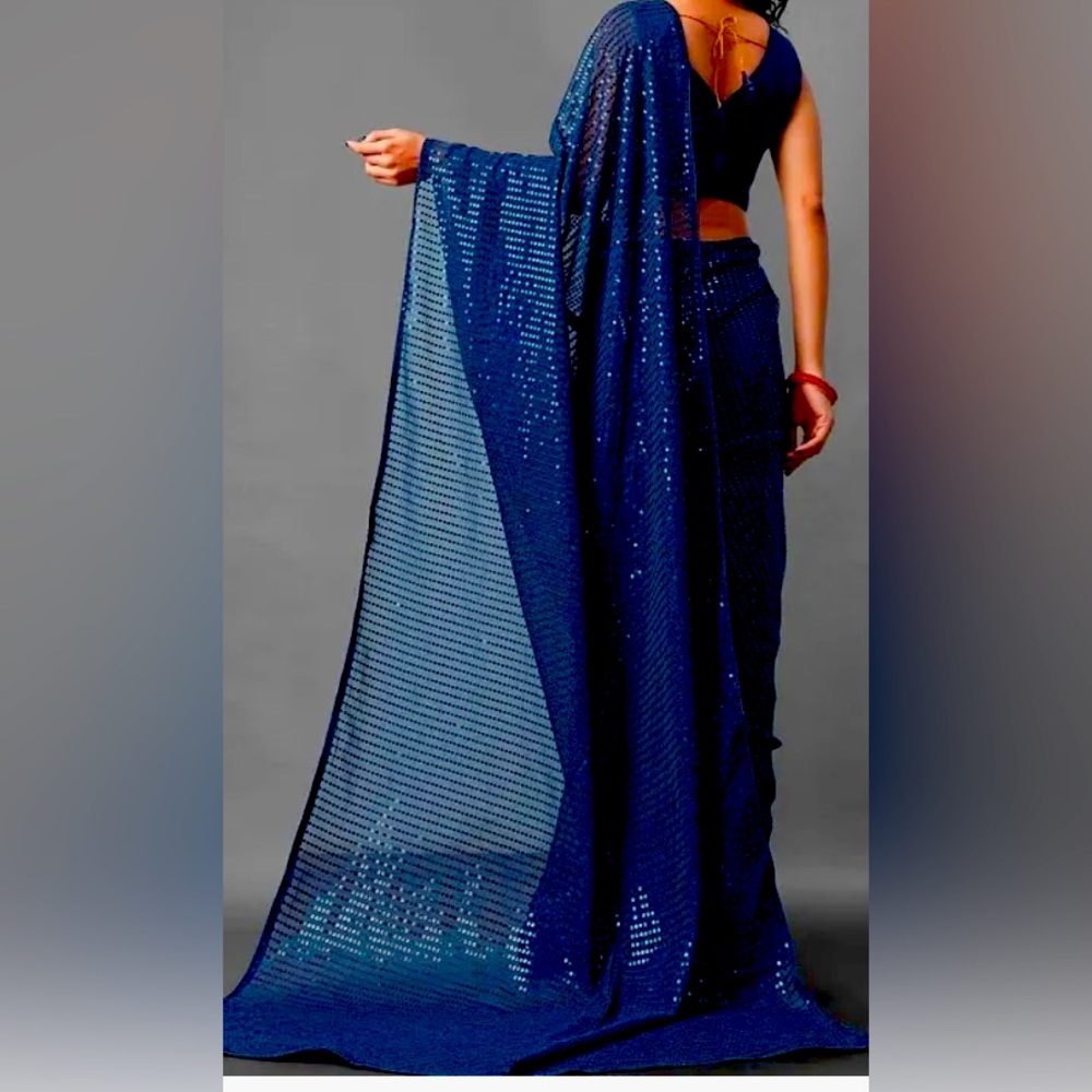 Blue Sequins Embroidered Georgette Saree.